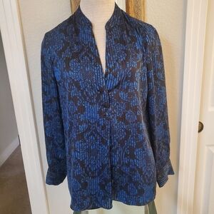 Alice + Olivia Striped Black & Blue Floral Striped  Top Blouse